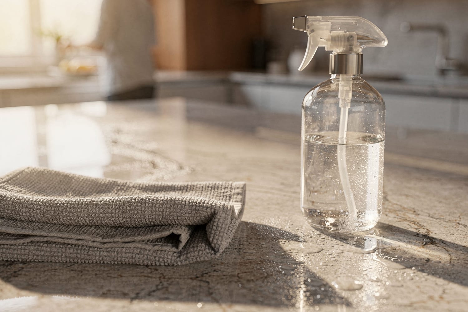 Soft morning light across a spotless, freshly cleaned kitchen counter