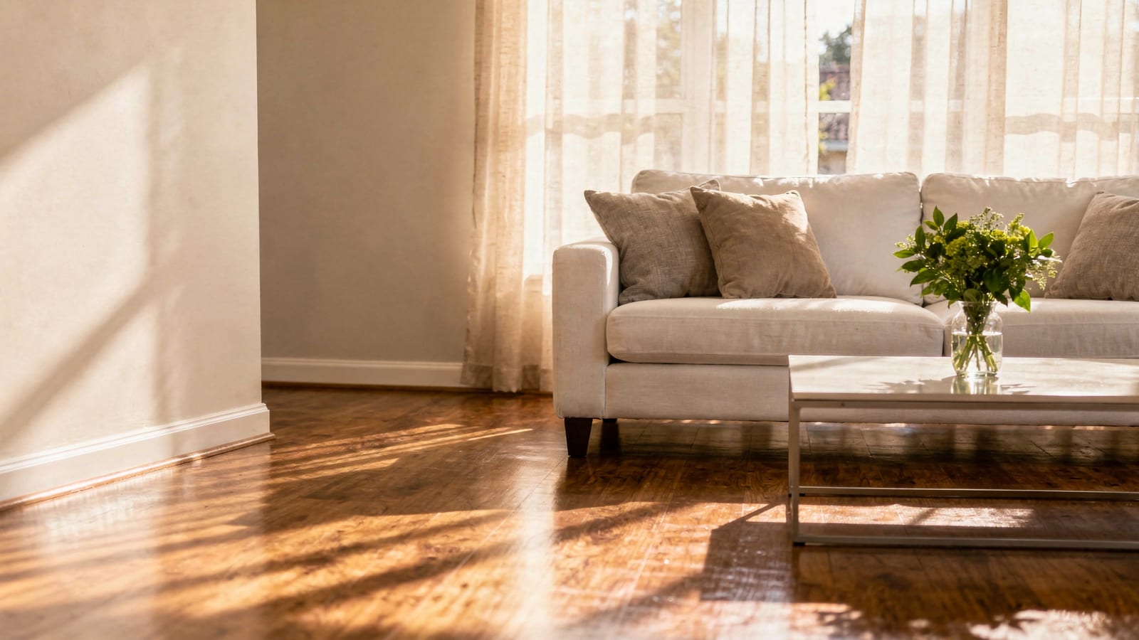 A sunlit, freshly tidied living room with a soft white sofa and gleaming wood floors